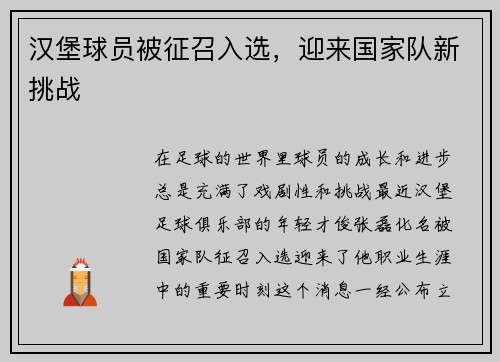 汉堡球员被征召入选，迎来国家队新挑战