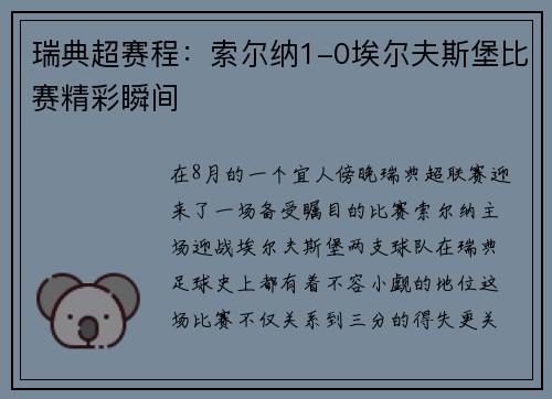 瑞典超赛程：索尔纳1-0埃尔夫斯堡比赛精彩瞬间